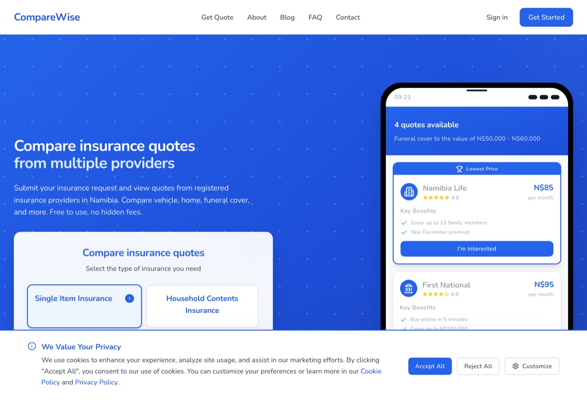 CompareWise Namibia website preview